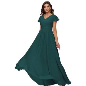 Ruffle Sleeves Chiffon Bridesmaid Dresses Ruched Long Party Gown